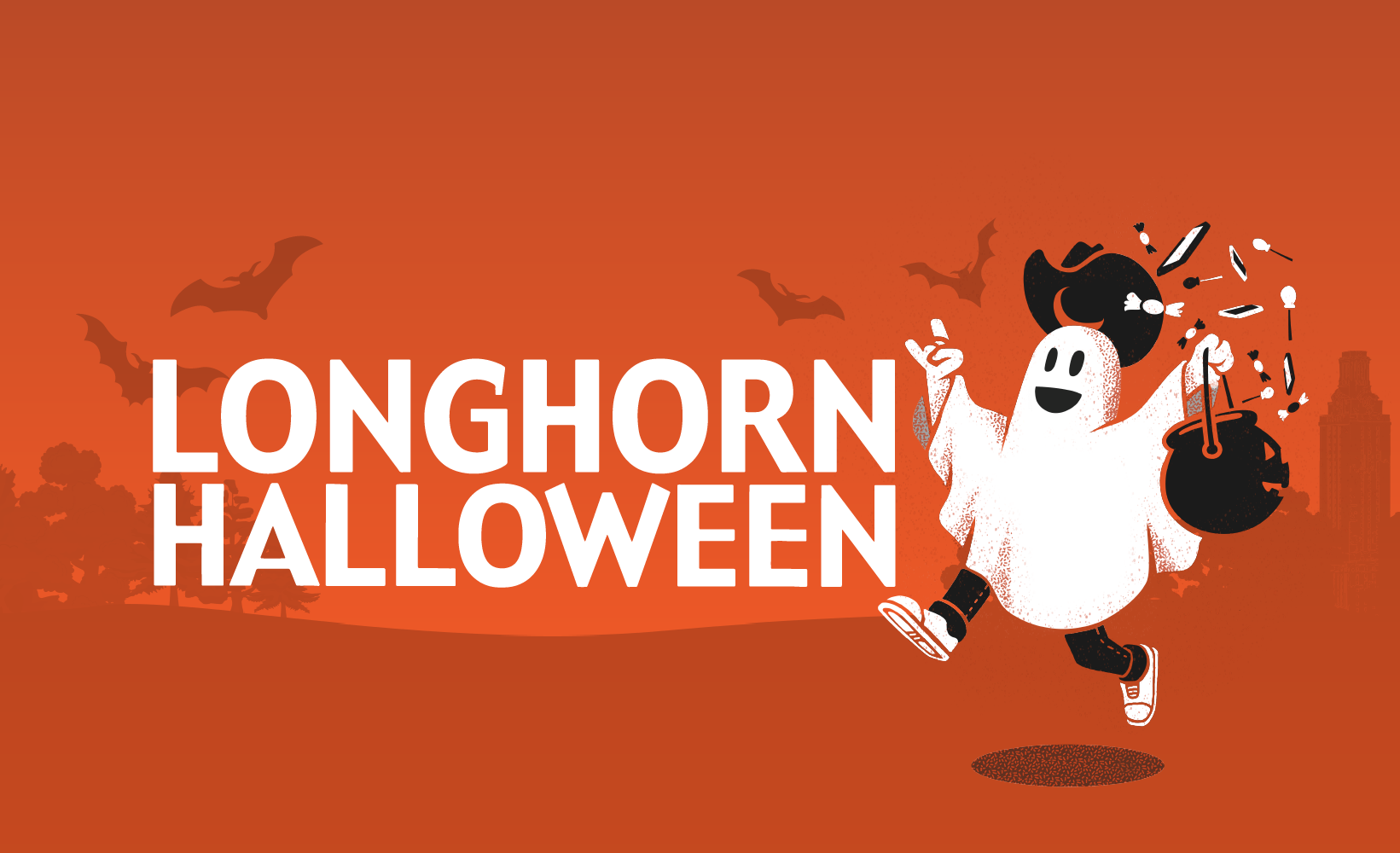 orange background with Longhorn Halloween in white text, a ghost wearing a cowboy hat jumping with a bucket of candy